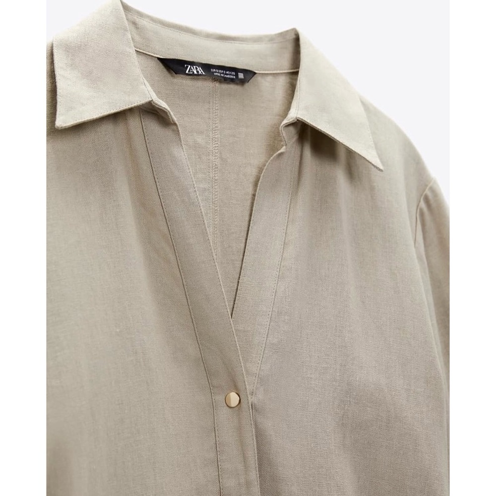 NWT Zara Linen Blend Long Sleeve Gold Buttondown Shirt  Khaki Tan Midi Dress M - Picture 10 of 14